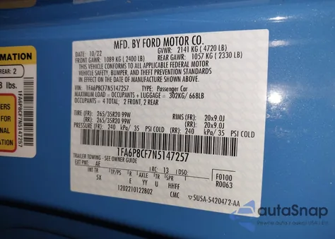 2022 Ford Mustang Gt Premium Fastback z USA, uszkodzony, nr VIN 1FA6P8CF7N5147257